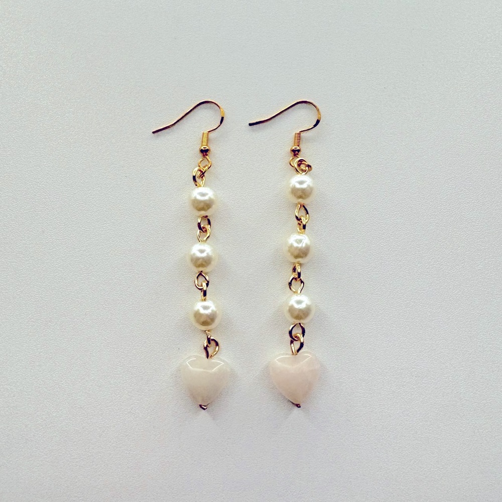 Rose quartz heart pearl earrings